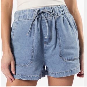 Pink Lily Light Blue Denim Drawstring Shorts